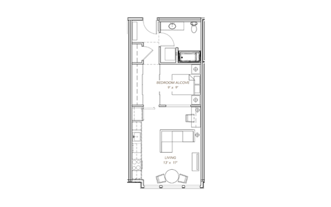 a floor plan of a small apartment with a bedroom and a living room